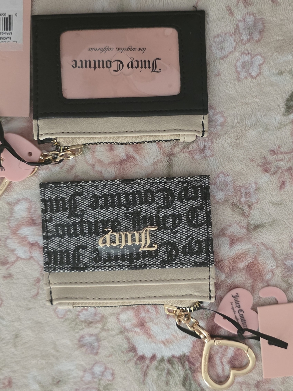 2 Each $16 Juicy Couture Black & Cream Logo Card Case Wallet with Heart Keyring